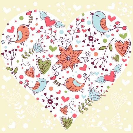 Lovely colorful invitation postcard with big heart, birds and flowers backgroundのイラスト素材
