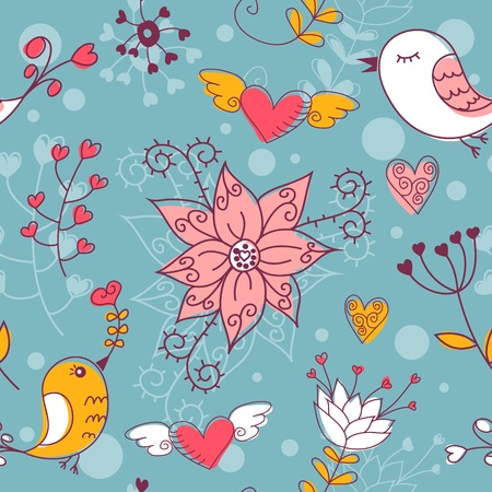 Love seamless texture with flowers and birds, endless floral pattern.のイラスト素材