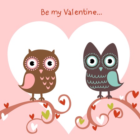Valentine love card with cute romantic owls and heartsのイラスト素材