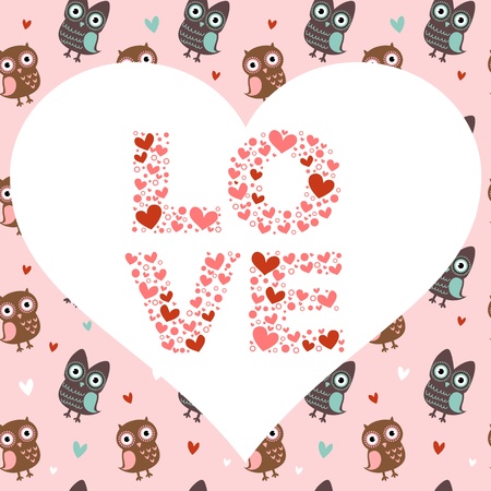 Valentine love card with cute romantic owls and heartsのイラスト素材
