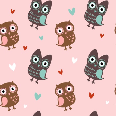 Valentine love seamless texture with cute owls and hearts, endless romantic pattern.のイラスト素材