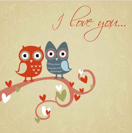 Valentine love card with cute romantic owls and heartsのイラスト素材