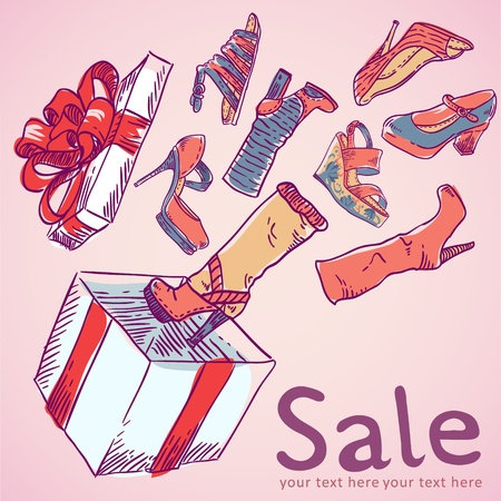 Cute sale postcard with shoes flowing out of the boxのイラスト素材