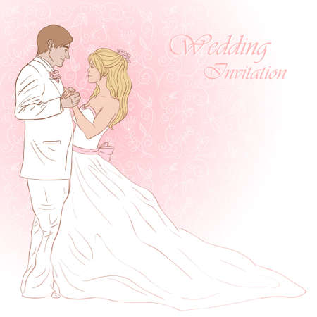Bride and groom wedding invitation card on a lovely floral backgroundのイラスト素材