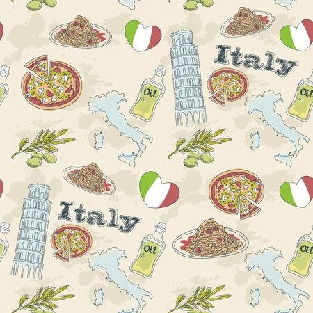 Italy travel grunge seamless pattern with national italian food, sights, map and flagのイラスト素材