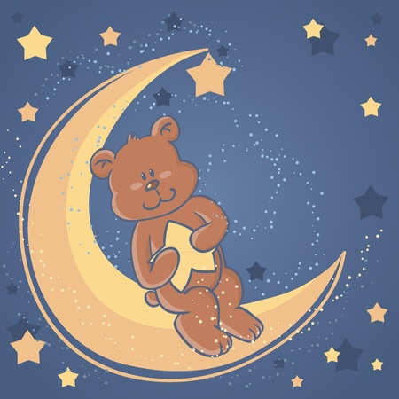 Teddy bear sitting on a moon and holding a star for sweet dreams wishes cardのイラスト素材