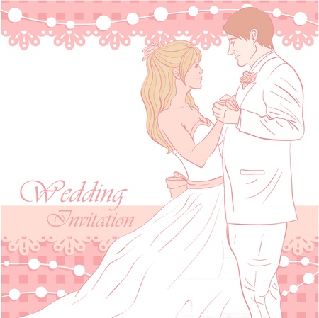 Bride and groom wedding invitation card on a lovely floral backgroundのイラスト素材