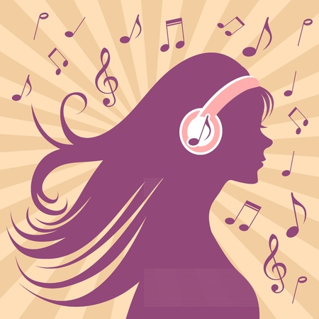 Girl silhouette with headphones, long hair and music notesのイラスト素材