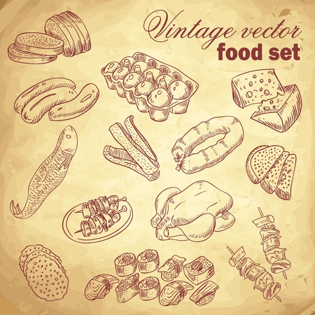 Vintage hand-drawn food set with various delicious dishesのイラスト素材