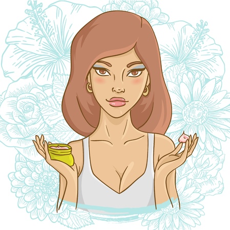 Beautiful young woman with a face cream on ornate floral backgroundのイラスト素材