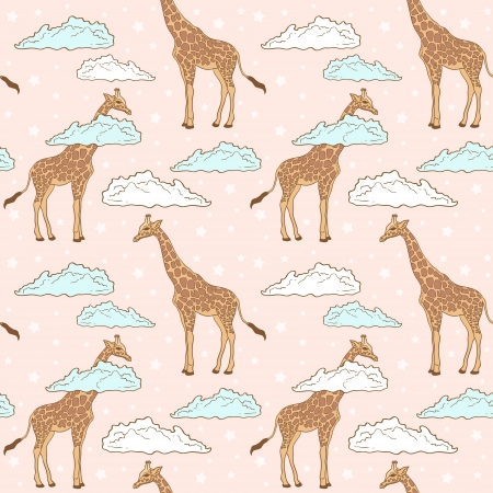 Cute giraffe in clouds seamless pattern on stars backgroundのイラスト素材