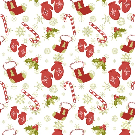 Seamless pattern with cute cartoon Christmas mittens, candy cane, holly berries and red stocking with xmas treeのイラスト素材