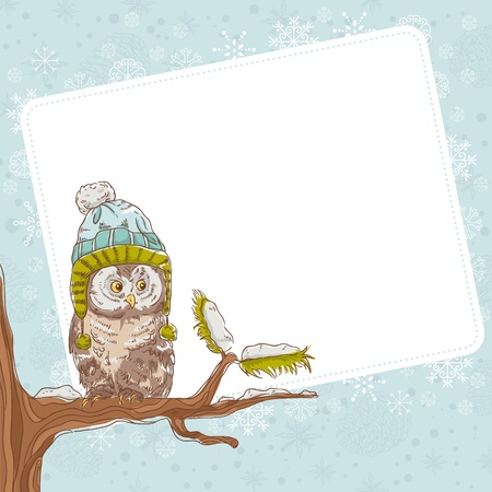 Cute winter Christmas card of an owl in a hat sitting on a tree branchのイラスト素材