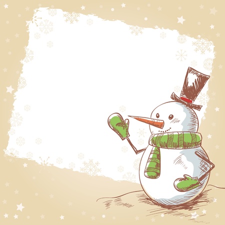 Hand drawn vintage christmas card with funny smiling snowman wearing scarf, mittens and a hatのイラスト素材