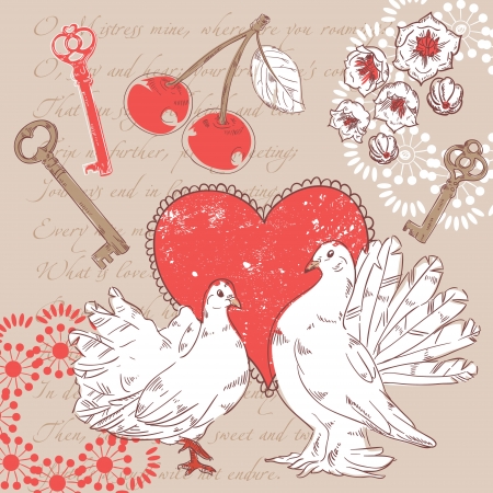 Valentine romantic retro postcard with hearts and doves on a verse italic text backgroundのイラスト素材