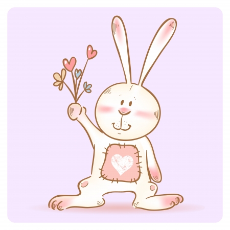 Cute love card with smiling toy bunny holding flowers isolatedのイラスト素材