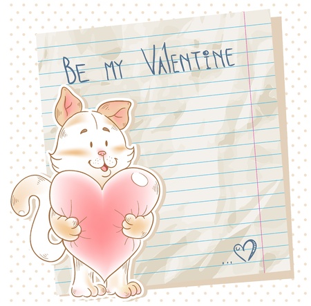 Cute love card with smiling toy cat holding heart on a notepad scrap paper backgroundのイラスト素材
