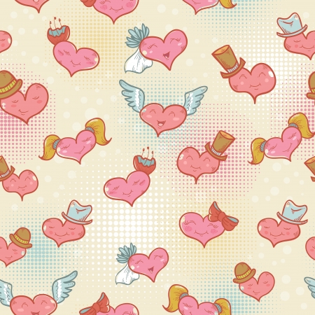 Cute Valentine seamless pattern with smiling hearts with expression on their facesのイラスト素材