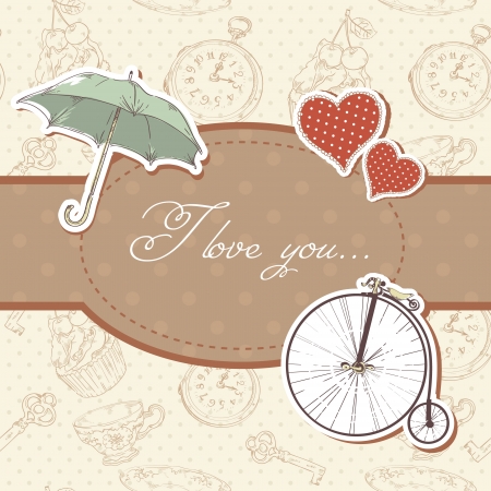 Romantic vintage Valentine invitation postcard with hearts,  umbrella  and  bicycleのイラスト素材