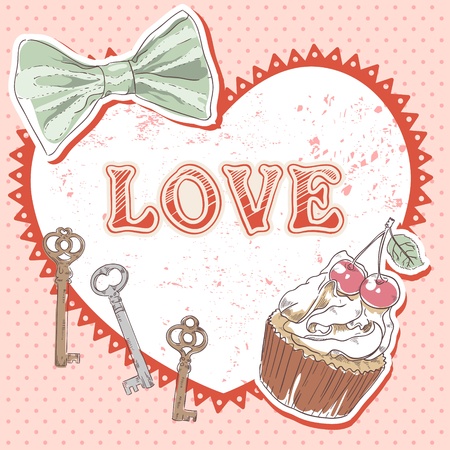 Valentine romantic retro card with heart, cupcake, keys and bow on polka dot backgroundのイラスト素材