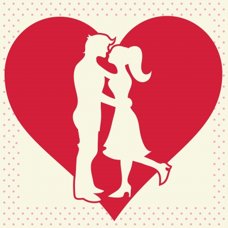 Romantic Valentine lovers silhouette on heart background postcardのイラスト素材