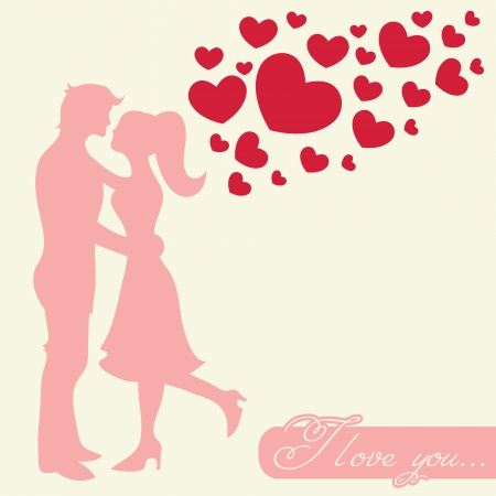 Romantic Valentine lovers silhouette with floating hearts invitation cardのイラスト素材
