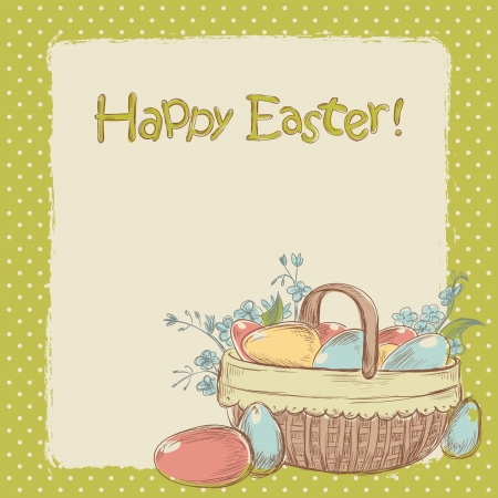 Retro styled hand drawn vintage Easter card with basket full of colorful painted eggsのイラスト素材