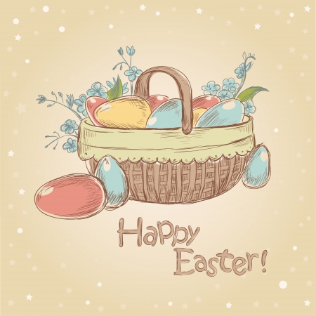 Retro styled hand drawn vintage Easter card with basket full of colorful painted eggsのイラスト素材