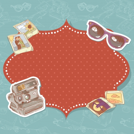Travel postcard with  sunglasses, photo camera and photosのイラスト素材