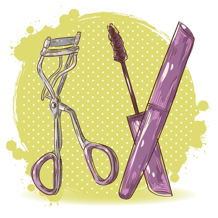 Beauty make-up eyelash curler and mascara isolated card on polka dot grunge splash backgroundのイラスト素材