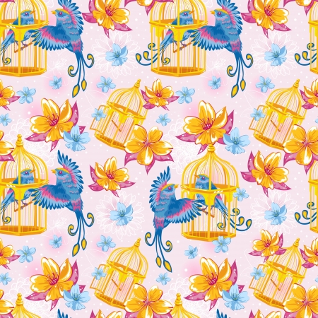 Dream colorful seamless pattern with birds and golden cages and bright flowers on dots and line art backgroundのイラスト素材