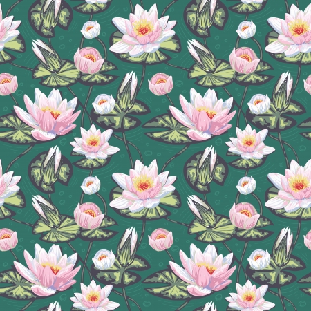 Elegant floral seamless pattern with water lily, leaves and petals in waterのイラスト素材