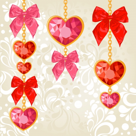 Shiny ruby heart pendants hanging on golden chains with colorful bows on floral backgroundのイラスト素材