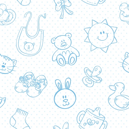 Baby toys cute cartoon set on polka dot seamless patternのイラスト素材