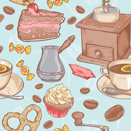 Sweet coffee and candies seamless pattern on beans backgroundのイラスト素材