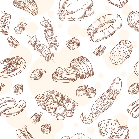 Vintage hand-drawn food set seamless patternのイラスト素材