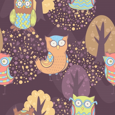 Cute cartoon owls fantasy coloful pattern with treesのイラスト素材