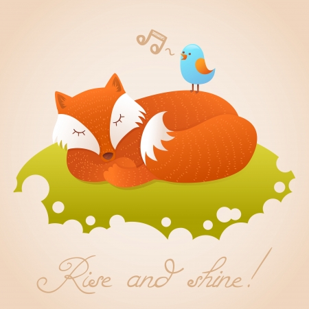 Cute baby card with sleeping red fox and singing little bird on a green meadowのイラスト素材