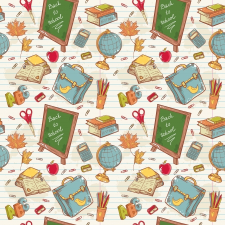 Back to school seamless pattern with various study items in cartoon hand drawn styleのイラスト素材