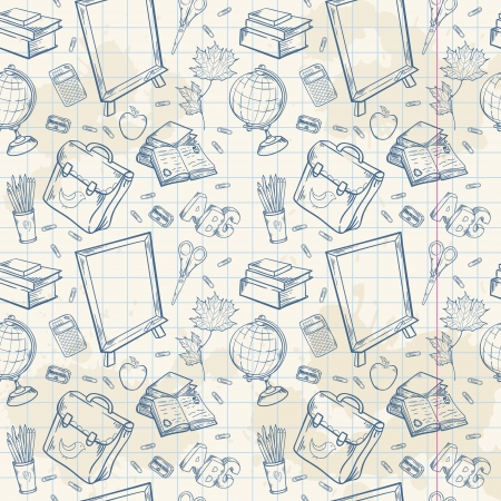 Back to school seamless pattern with various study items in cartoon hand drawn styleのイラスト素材
