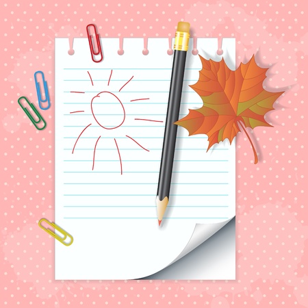 School notepad with pencil and autumn leaf on polka dot backgroundのイラスト素材