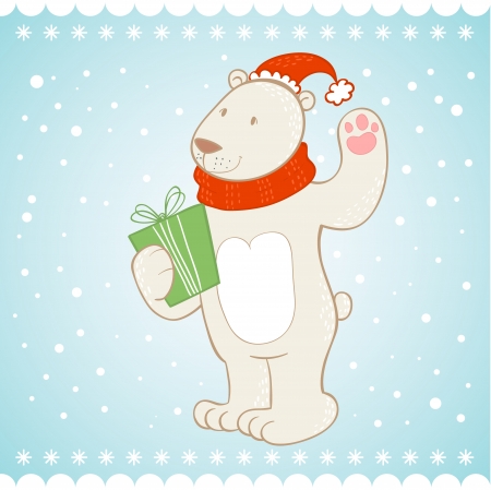 White polar bear with gift box Christmas greeting cardのイラスト素材
