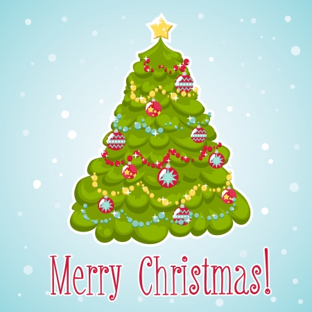 Cartoon Christmas tree decorated with garlands and xmas toys hand drawn cardのイラスト素材