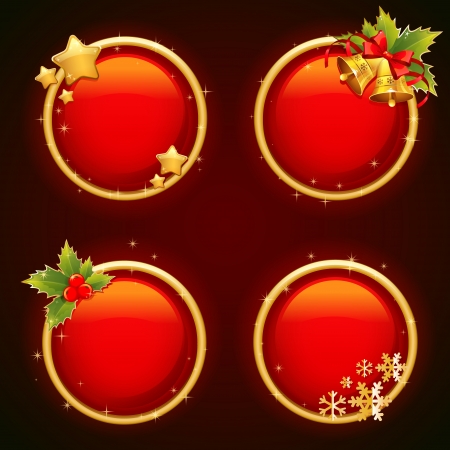 Round Christmas sale stickers with traditional winter elements - holly berries, stars, bells and glitterのイラスト素材