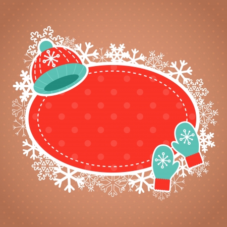 Cute winter invitation xmas card with cartoon wool hat and warm mittensのイラスト素材