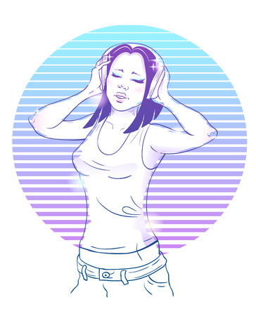 Beautiful young girl listening to music in headphones posterのイラスト素材