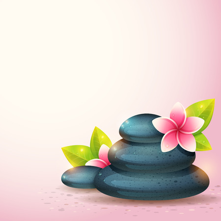 Peaceful and relaxing card with spa items, exotic flowers and pebble stones isolatedのイラスト素材