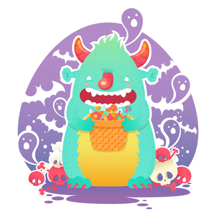 Funny smiling Halloween fluffy monster character with a basket of candies for trick or treatのイラスト素材