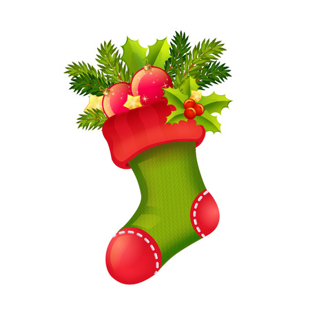 Cute Christmas realistic stocking full of presents isolated on white backgroundのイラスト素材
