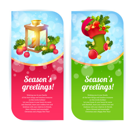 Christmas congratulation banners for invitations and greeting cards with woolen stocking and candle lanternのイラスト素材